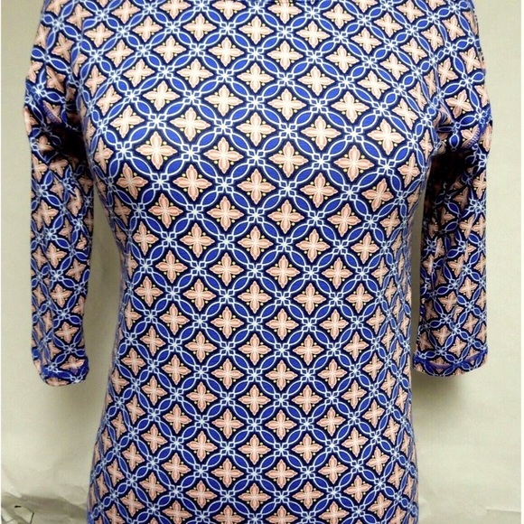 Talbots Blue Pink Print Top 3/4 Sleeve Open Back Lattice size M - Picture 2 of 6